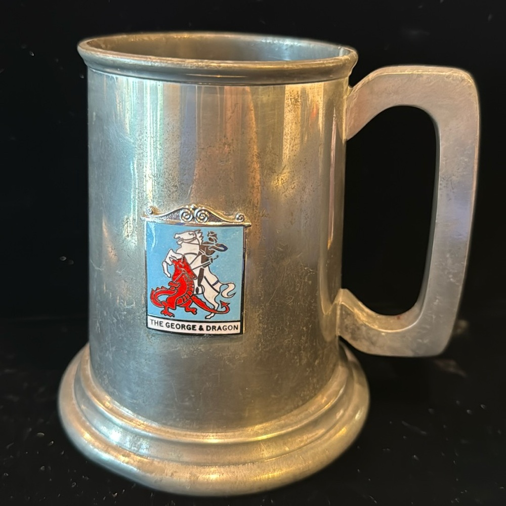 “THE GEORGE & DRAGON” Vintage Pewter Tankard with Glass Bottom
